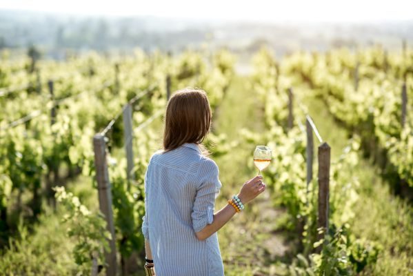 Femme dégustant du vin blanc dans un vignoble